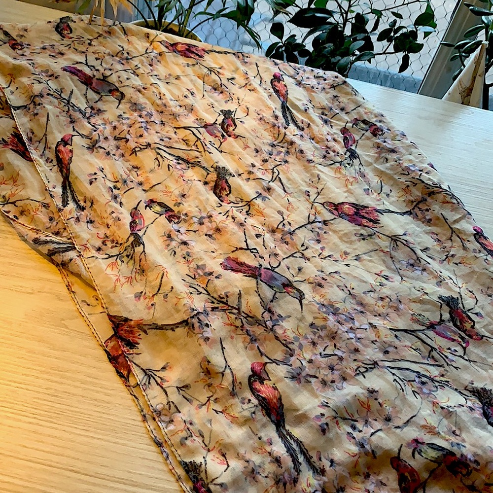 Bird scarf- yellow w/ pink birds, blue on each end.